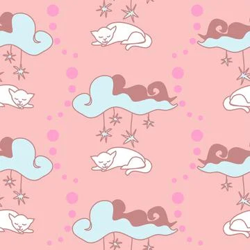 Sleeping Cats With Clouds Vector Repeat Pattern In Pink 스톡 일러스트