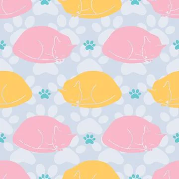 Sleeping cats seamless pattern on pastel purple background with paw prints Stock Illustration