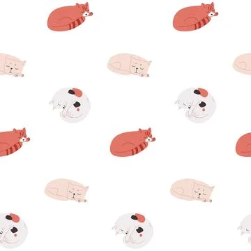 Sleeping cats on a seamless pattern. Vector wallpaper with kittens that lie Stock Illustration