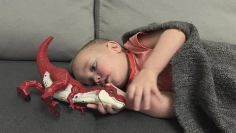 A sleeping child is cuddling a cute red dinosaur toy while wrapped in a cozy Stock Footage 304833070