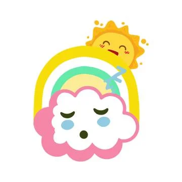 Sleeping cloud with funny sun and rainbow seemless pattern 스톡 일러스트