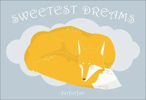 Sleeping on a cloud red fox on a gray background. The text of th Illustrazione stock