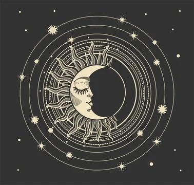 Sleeping crescent moon with face on black background with stars, zodiac sign Stock Illustration