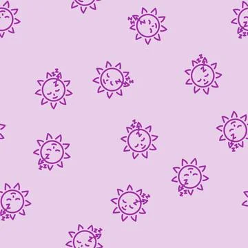Sleeping cute sun character line vector seamless pattern Stock Illustration