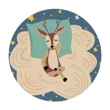 Sleeping deer on the pillow and cloud. Flat, cartoon, vector Illustrazione stock