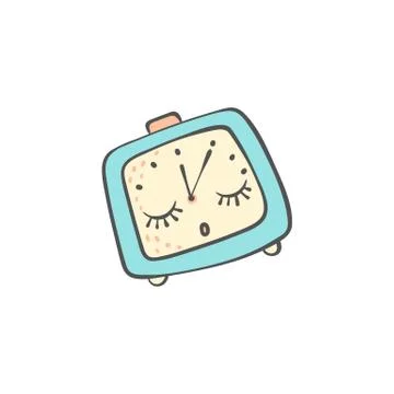 Sleeping doodle alarm clock with closed eyes cartoon vector illustration Stock Illustration