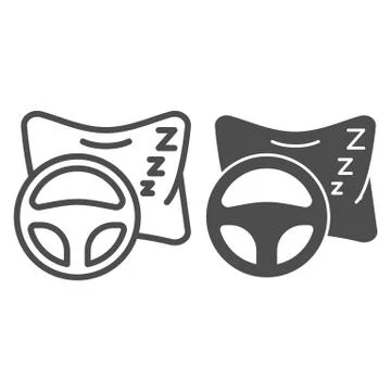 Sleeping driver on road line and solid icon. Pillow and vehicle steering wheel Stock Illustration