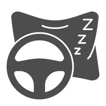 Sleeping driver on road solid icon. Pillow and vehicle steering wheel symbol Stock Illustration