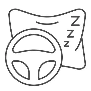 Sleeping driver on road thin line icon. Pillow and vehicle steering wheel symbol Stock Illustration