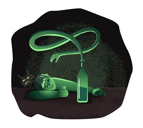 Sleeping drunk man lays on a table with glass of alcohol in his hand. Stock Illustration