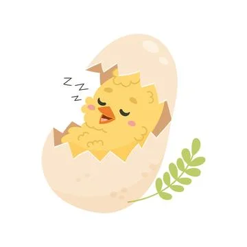 Sleeping Easter Chick in an Eggshell  Cute Spring Illustration イラスト素材