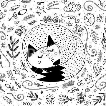 Sleeping fox coloring page for adults and kids. Black and white background Stock Illustration