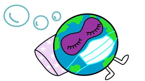Sleeping globe wears face mask with eye mask hand drawn cartoon vector Stock Illustration