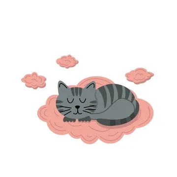 Sleeping gray cat on pink cloud. Flat, cartoon, vector Stock Illustration