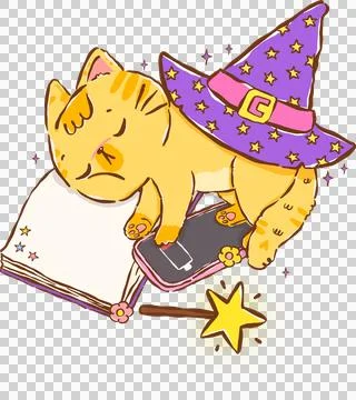 Sleeping Halloween Witch Cat with Open Book and No Battery Phone Hand Drawn.. Stock Illustration