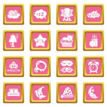 Sleeping icons set pink square vector Stock Illustration