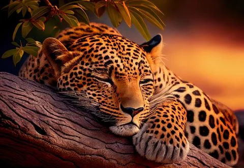 A sleeping leopard lies on a tree branch in the savannah. predator in africa. Stock Illustration