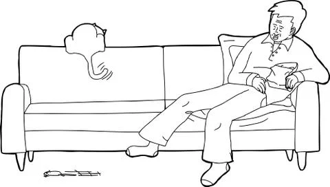 Sleeping Man with Cat on Sofa Ilustración de archivo