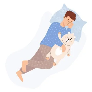 Sleeping man with plush teddy bear toy. Cute male character in flat style. .. Stock Illustration