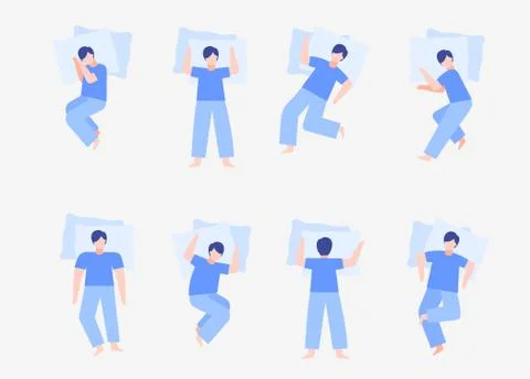 Sleeping man position set. Relaxing guy body relaxing body comfortable. Stock Illustration