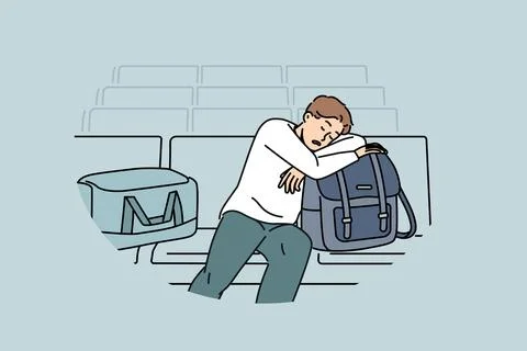 Sleeping man sits in lounge area at airport and waits for arrival plane delayed Stock Illustration