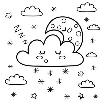 Sleeping moon and snowy cloud in the sky coloring page. Fantasy coloring book Stock-Illustration