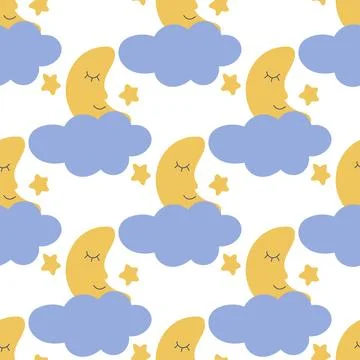 Sleeping moon in clouds with stars seamless pattern Stock Illustration