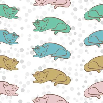 Sleeping Multicolor Cats In Blue And Green Vector Repeatable pattern On White Stock Illustration