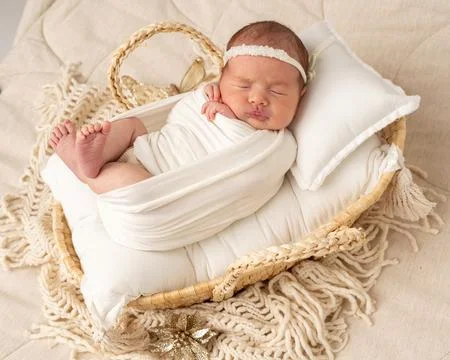 Sleeping newborn wrapped in soft textiles 写真素材