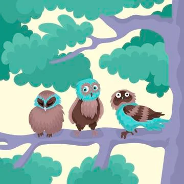 Sleeping owl and two vigorous owls sit on a branch of a green tree. A children Illustrazione stock