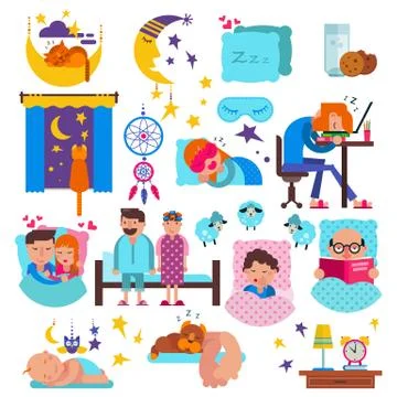 Sleeping people vector sleepy cartoon characters and pets sleep on pillow in bed Stock Illustration