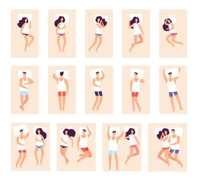 Sleeping poses. Single couple sleep. Men women sleeping in bed with pillows Stock Illustration