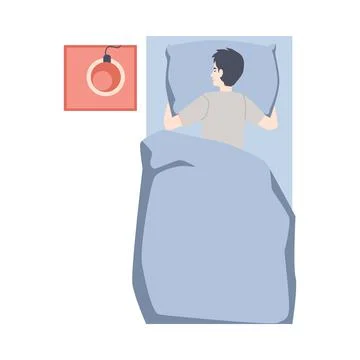 Sleeping position on stomach, back side of guy lying on pillow in cozy bed Ilustración de archivo