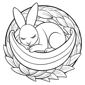 Sleeping rabbit in leafy nest leaves black and white Stock Illustration