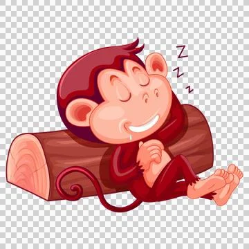 Sleeping red monkey character resting on wooden log base. Ilustração Stock