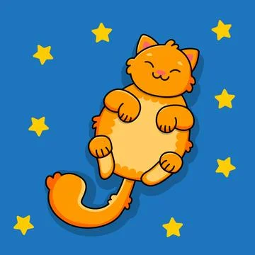 Sleeping smiling ginger cat on a blue background. Blue sky and yellow stars Stock Illustration