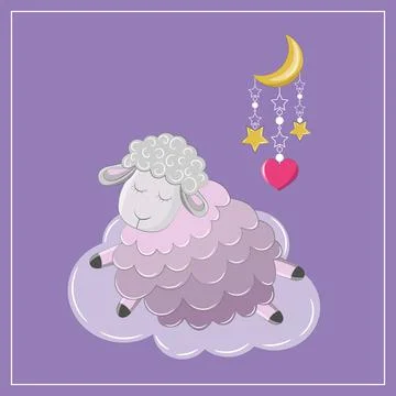 Sleeping сute sheep on the cloud. Isolated  cartoon lamb, moon, stars and heart. Stock Illustration