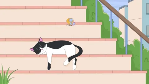 Sleeping tuxedo cat on outdoor steps with butterfly lofi animation wallpaper 스톡 동영상 306752588