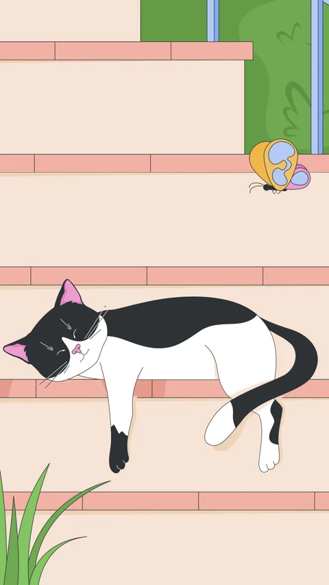 Sleeping tuxedo cat on outdoor steps with butterfly lofi vertical animation Stock Footage 320063028