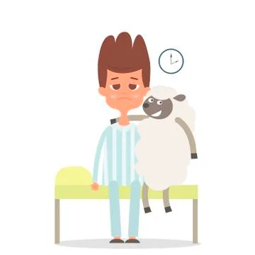 Sleepless concept with man and sheep on the bad. sheep hugging man. Vector .. Illustrazione stock