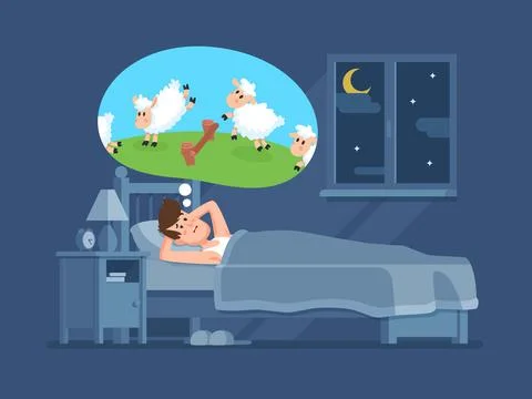 Sleepless man in bed trying to fall asleep counting sheeps. Count sheep for.. Illustrazione stock