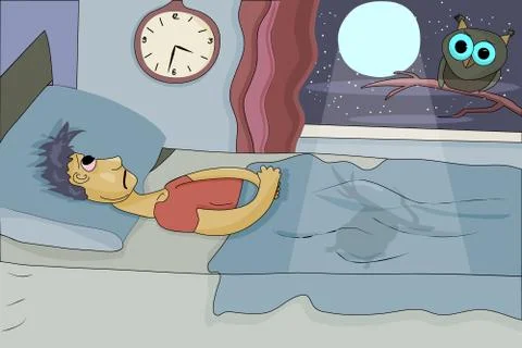 Sleepless man lying in bed. Insomnia. Stock Illustration