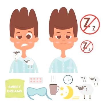 Sleepless vector set with man faces/pillow/cup of tea,sheep/ clock/ pill/moon Illustrazione stock