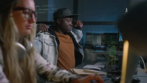 Sleepy Black Male Software Developer Working at Night and Stretching Stock Footage 273833651