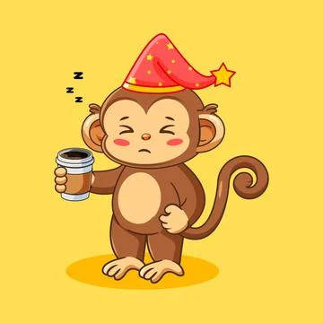 Sleepy Cartoon Monkey Drinking Coffee Stock Illustration