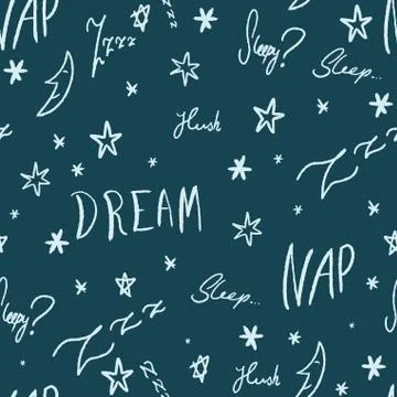 Sleepy doodle - sleep time vector pattern with handwritten words. Stockillustratie