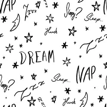 Sleepy doodle - sleep time vector pattern with handwritten words. Stock Illustration