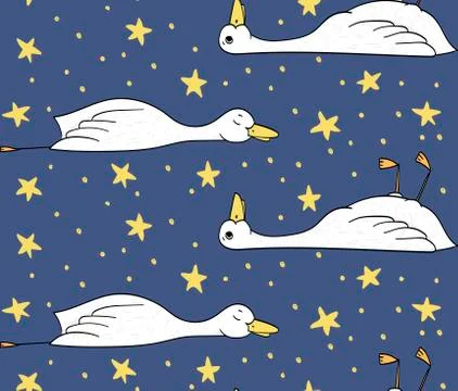Sleepy duck, pattern with duck and stars, vector Stock Illustration