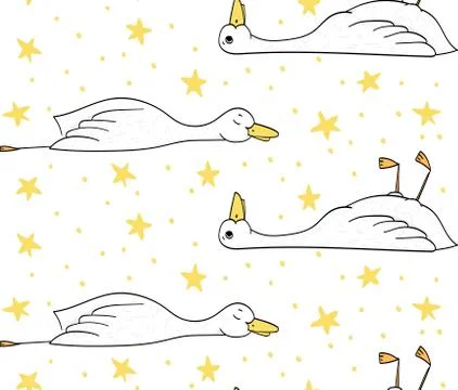 Sleepy duck, pattern with duck and stars, vector Stock Illustration