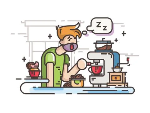 Sleepy guy making coffee Stock Illustration